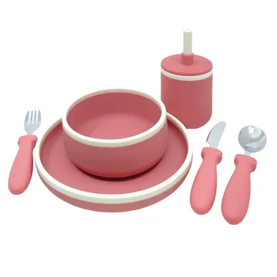 Immagine prodotto di Set di stoviglie per bambini in silicone Smikkels rosa Senza BPA, resistente e antiscivolo