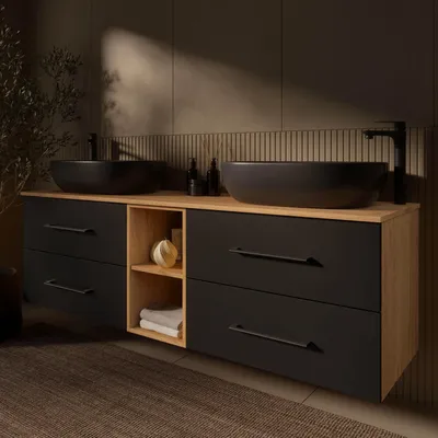 Produktbild von Planetmöbel LUX Badmöbel-Set Waschtisch mit Unterschrank  Gold Eiche/Anthrazit 170 cm hängend inkl. 2 Aufsatz-Waschbecken 60 cm schwarz