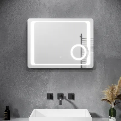 Immagine prodotto di SONNI Specchio da bagno a LED Specchio illuminato senza nebbia 80 x 60 cm Specchio da bagno con illuminazione Interruttore a sfioramento Specchio da parete a LED con presa per rasoio e specchio da trucco con ingrandimento 3x