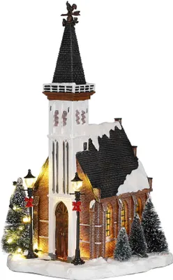 Productafbeelding van Luville Kerstdorp Miniatuur Kerk - Kerstversiering met Warme Verlichting en Besneeuwde Bomen - Kerst Decoratie voor Binnen op Batterijen - L15 x B16,5 x H31 cm - Meerkleurig
