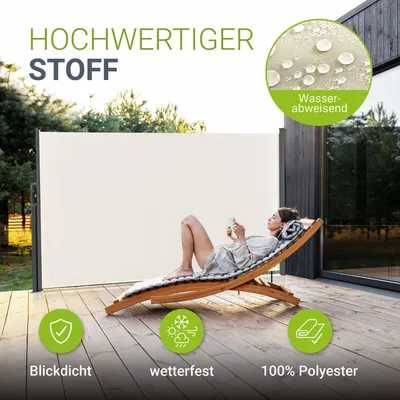 Produktbild von Juskys Seitenmarkise Dubai 500 x 160 cm ausziehbar blickdicht, Sichtschutz für Balkon & Terrasse, Seitenrollo mit Wandhalterung - beige
