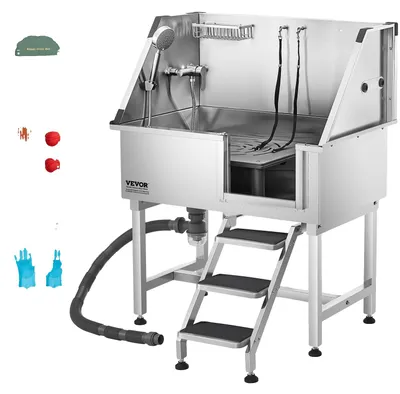 Obrázok produktu pre Umývacia stanica pre psov VEVOR z nehrdzavejúcej ocele, 961x620x1220 mm, vanička na starostlivosť o zvieratá s policou, kohútikom, sprchovou hlavicou a držiakom mydla, pre veľké, stredné a malé domáce zvieratá (pravé dvere)
