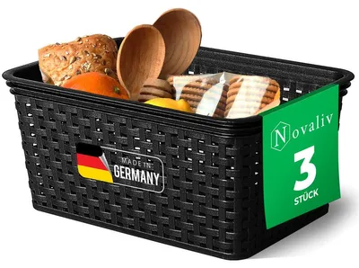Produktbild von Novaliv 3er Set Lebensmittelechte Körbe Küche Aufbewahrung 5L Schwarz Kunststoff Rattan-Optik Küche Aufbewahrung & Organisation BPA-Freie Lebensmittelaufbewahrungsbox für Teebeutel Snacks Gewürze