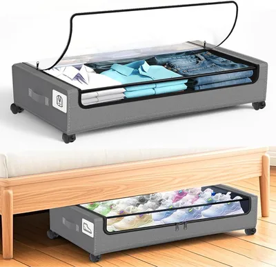Productafbeelding van Opbergboxen voor onder het bed met deksel en wielen - Set van 2 - 48L rollende lades voor kleding - Dekens - Schoenen