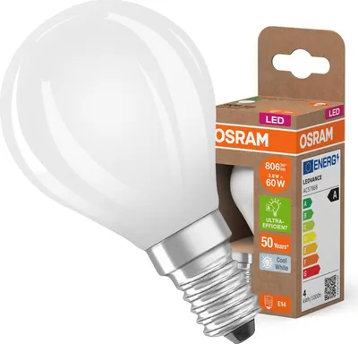 Obrázok produktu pre LED žiarovka OSRAM energetickej triedy v klasickom tvare minikule, 3,8 W / 806 lm, EEK A, studené biele svetlo (4000 K), CRI 80, z matného bezolovnatého skla, pätica E14, IP20, priemer 45 mm.