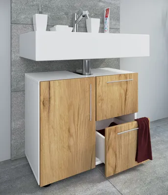 Produktbild von VCM Holz Waschbeckenunterschrank | Badschrank | Maße: H. 51 x B. 61 x T. 32 cm | 1 Drehtür | 2 große Schubladen | modernes Badezimmermöbel - Flandu