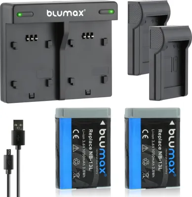 Produktbild von 2x Akku + Lader für Canon NB-13L PowerShot G5X G7X G9X 1050 mAh (3,6V)