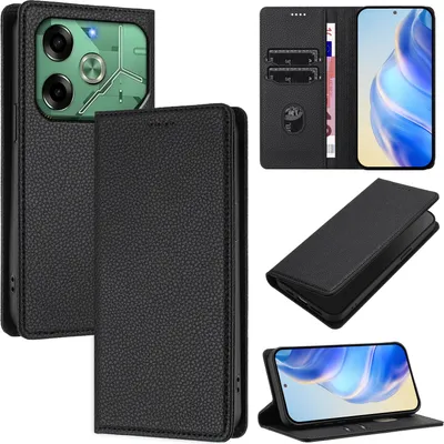 Obrázek produktu pro Kožené pouzdro pro Tecno Pova 6 4G, Litschi kůže, peněženkové pouzdro s přihrádkami na karty a stojánkem Černý