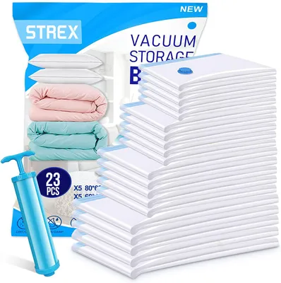 Image de Sacs sous vide pour couettes et vêtements – 23 pièces / 4 tailles – Sacs de voyage / Sacs de mise sous vide – Avec pompe manuelle Strex