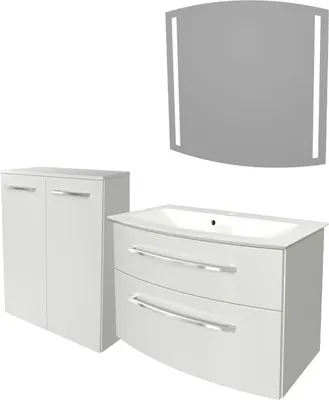 Produktbild von Fackelmann B.STYLE Badmöbel Set 4-teilig, 83 cm, Weiß + LED-Spiegel + Doppel-Midischrank