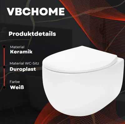 Produktbild von VBChome Hänge-WC Spülrandloses aus Keramik mit Toilettendeckel WC-Sitz aus Duroplast Absenkautomatik Rimless SoftClose-Funktion Tiefspüler Toilette