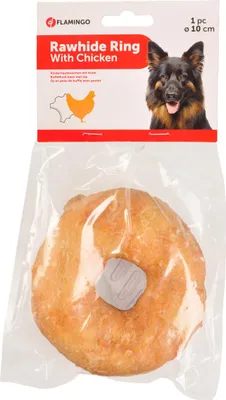 Produktbild von Flamingo Kauring für Hunde aus Büffelhaut und Huhn, 10 cm Durchmesser, glutenfrei