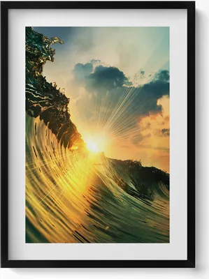 Produktbild von Welle auf dem Meer und Sonnenuntergang– Wandbild mit Rahmen – Gerahmtes Bild  – Wanddekoration – 50x70 cm –  Schwarz Rahmen