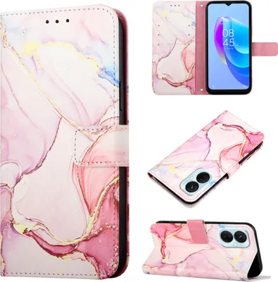 Produktbild von Tecno Spark 9 Pro Hülle, Marmor Motiv Kunstleder Tasche Wallet Kartenfächer mit Standfunktion Klapp Schutzhülle für Tecno Spark 9 Pro / Spark 9T Pink Weiß