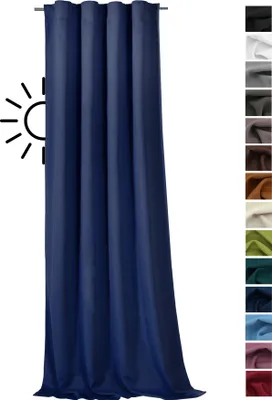 A single dark blue curtain hanging vertically, with a sun icon indicating light blocking on the left side. A color swatch strip is on the right.