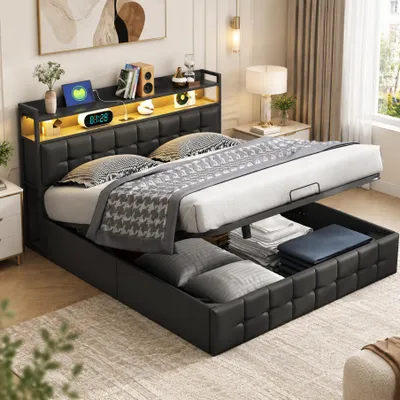 Productafbeelding van INONEFT Boxspringbed 140 x 200 cm met hydraulische opbergruimte, tienerbed met LED/USB, tweepersoonsbed met hoofdeinde, bed met opbergruimte en lattenbodem, PU, zwart