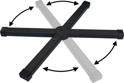 A black adjustable stand for a garden shower, shown from a top-down perspective with arrows indicating its adjustable nature.