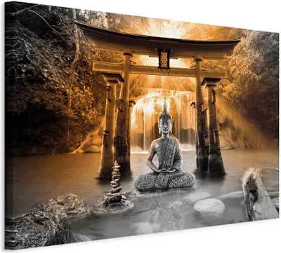 Produktbild von Italienischer Leinwand Leinwandbild - Buddha Smile (1 Part) Wide Orange 120x80 cm Orient p-A-0033-b-c