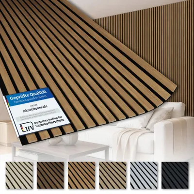 Produktbild von AKUSTIKO Lamella Akustikpaneele 280x60cm - flexible Filz MDF Wandpaneele fugenlos - überlappende Holz Lamellenwand - Akustik Wandverkleidung von HEXIM