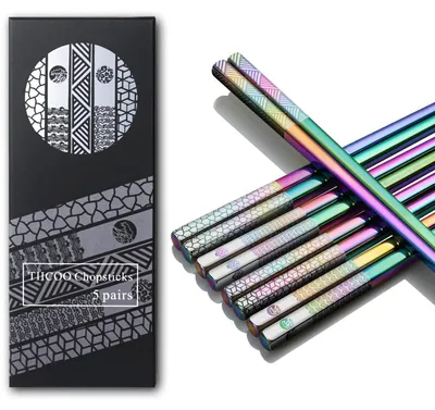 Immagine prodotto di Bastoncini per cibo in acciaio inossidabile 18/8, rivestiti in titanio, set da 5 paia, arcobaleno, multicolore, lunghezza 23,5 cm, lavabili in lavastoviglie