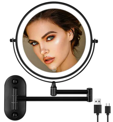 Image de Miroir de maquillage à fixer au mur, grossissement 1X/10X, éclairage LED, couleur noire