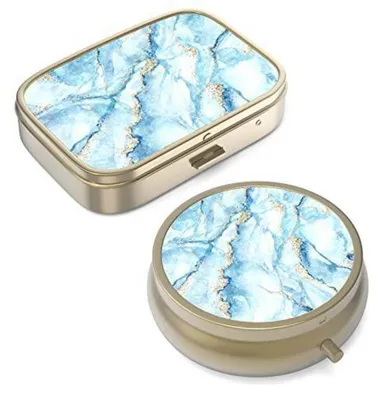 Productafbeelding van Pillenbox met spiegel, retro design, set van 2, brons. 3+2 compartimenten, ideaal voor onderweg