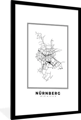 Produktbild von MuchoWow® Gerahmtes Poster Stadtplan - Schwarz-weiß - Karte - Nürnberg - Deutschland 60x90 cm - Poster mit Schwarzem Bilderrahmen Wandposter Rahmen Foto Bilder - Dekoration - Wandposter Wohnzimmer - Hochwertig
