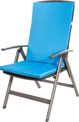 A studio shot of a blue outdoor chair cushion on a folding chair.