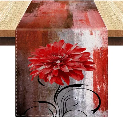 Immagine prodotto di Runner da tavolo rosso con fiori, in lino, design astratto, 40 x 140 cm