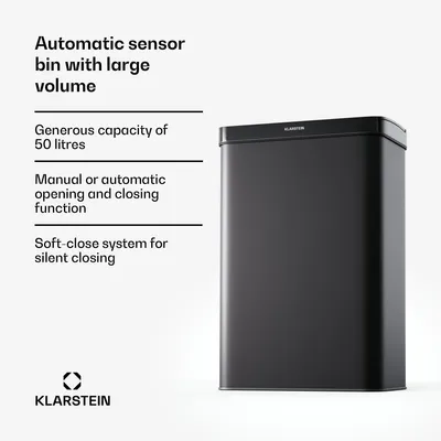 Zdjęcie produktu dla Bezdotykowy kosz na śmieci Klarstein o pojemności 50 l z czujnikiem, czarny matowy – pokrywa z funkcją cichego zamykania, wyświetlacz LED, idealny do kuchni – kosz na śmieci do kuchni, pojemnik na odpady organiczne