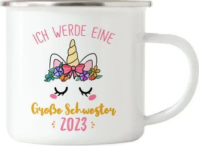 Produktbild von Ich werde Große Schwester 2023 Emaille Tasse Schwangerschaft Verkündung Geburt Big Sister Geschenk Einhorn