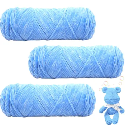 Zdjęcie produktu dla Nici z włókna chenille, kolor jasnoniebieski, 300g (3 motki po 100g), do szydełkowania i robienia na drutach