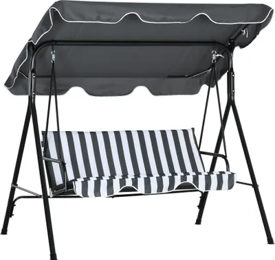 Image de Balançoire de jardin à trois places avec coussins d'assise, balancelle de jardin avec auvent réglable, supportant jusqu'à 240 kg, pour le jardin ou la terrasse, 172 x 110 x 153 cm, gris et blanc