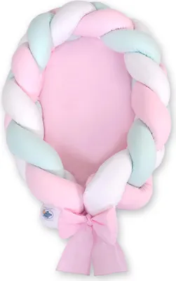 Image de Lit pour bébé tressé 2 en 1 rose avec protection et matelas amovible