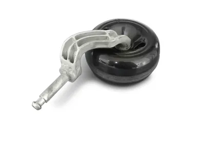 A single black wheel with a silver metal bracket attached, isolated on a white background.