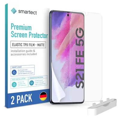 A product shot of a Samsung S21 FE 5G screen protector packaging, with the phone and protector shown.