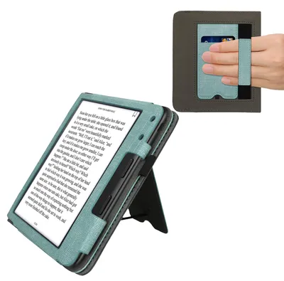 Produktbild von kwmobile Hülle kompatibel mit Kobo Kobo Libra Colour / Tolino Vision Color Hülle - Flip Case mit Handschlaufe - Kunstleder Cover - Mintgrün Dunkelgrau