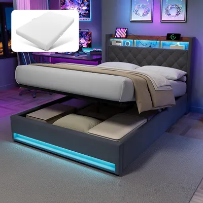 Obrázek produktu pro STILVORA čalouněná postel 140×200 s matrací, úložným prostorem, boxspring postel s USB portem a LED osvětlením, funkční postel bez matrace, s úložným prostorem, šedá