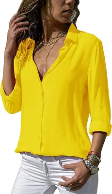 Produktbild von ASKSA Damen Bluse Chiffon Elegant Langarm Oberteile Einfarbig V-Ausschnitt Lose Hemdbluse, Gelb, M