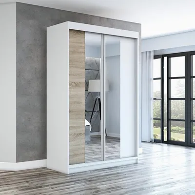 Produktbild von Schwebetürenschrank, 2-türig Schrank mit Spiegel! Moderne Garderobe für Kleidung. Verschiedene Farben (Weiß, Schwarz, Somona) Kleiderschrank NEO 120 cm