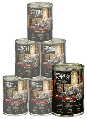 Produktbild von Dehner Wild Nature Katzenfutter Unterholz, Nassfutter getreidefrei / zuckerfrei, für ältere Katzen, Wildschwein, 6 x 400 g Dose, (2.4 kg)