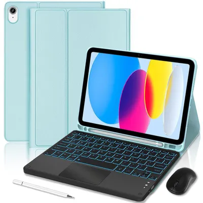 Image de Coque Clavier pour iPad A16 (11") / iPad 10 2022 (10,9") Synthécuir Bleu avec Clavier Rétroéclairé + Souris + Stylet