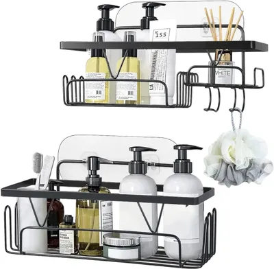 Produktbild von 2-teiliges Duschregal-Set, ohne Bohrungen, hängendes Duschregal mit 8 Haken, Duschregal aus Edelstahl, selbstklebend, geeignet für Bad und Küche
