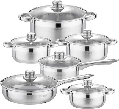 Produktbild von Velaze Topfset Induktionsherd, Serie Motti, Kochtopf Set Induktion, 12-teilige Topf- und Pfannensets aus Edelstahl, Pfanne mit Glasdeckel, Töpfe Set Geeignet für alle Herdarten, Unbeschichtet