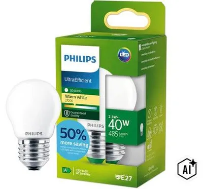 Produktbild von Philips Filament-Lampe, Tropfenform, matt 40W P45 E27, 2,3 W, 40 W, E27, 485 lm, 50000 h