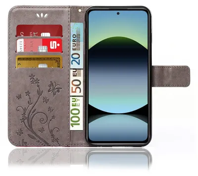 Produktbild von Handy Tasche für Xiaomi Redmi Note 14 Hülle Handyhülle mit Blumenmuster Klapp Hülle mit Standfunktion und Kartenfächer Farbe Grau