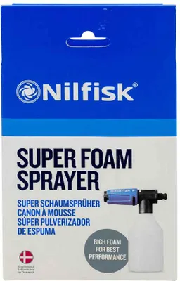 The image shows the retail packaging of a Nilfisk Super Foam Sprayer.