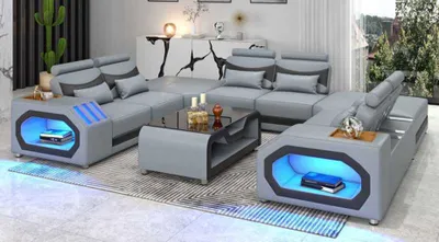 Produktbild von Design Wohnlandschaft Großes Sofa XXL U Form Ecksofa Ledersofa Grau LED