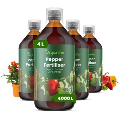 Produktbild von Pfeffer Flüssigdünger 4x1L – 2-1-8 NPK – Flüssig-Pflanzendünger für Pfefferpflanzen – Für Garten, Balkon & Gewächshauskulturen – Organifer