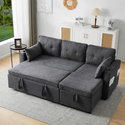 Image de okwish Canapé-lit d’angle en L avec fonction couchage, porte-gobelets, rangement, meuble salon-lit réversible gauche/droite, gris